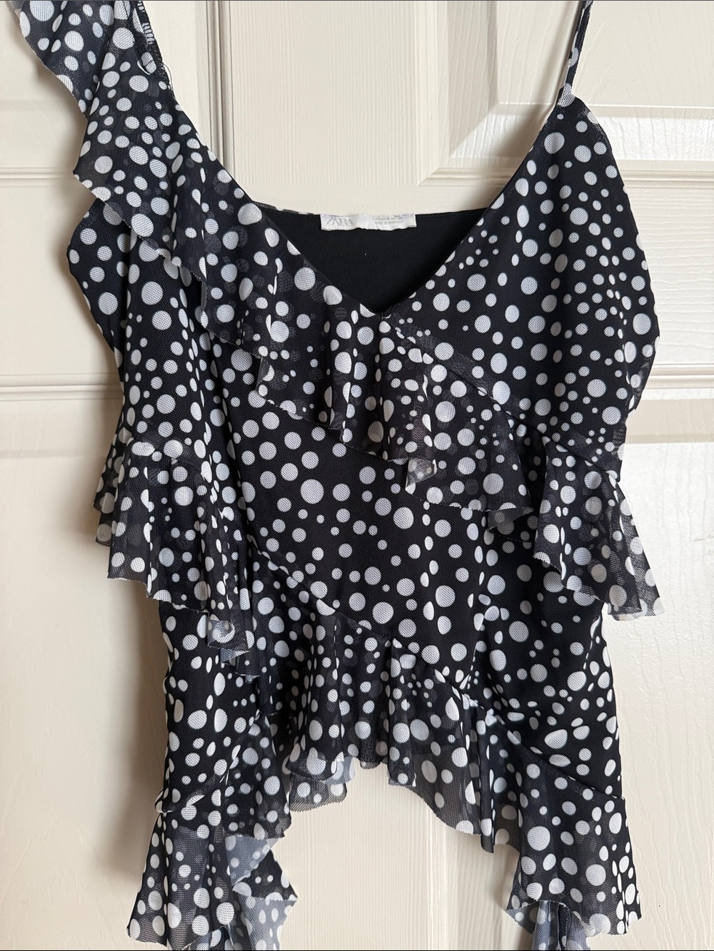 Zara Black and White Polka Dot Ruffle Asymmetric Cami - Picture 3 of 6
